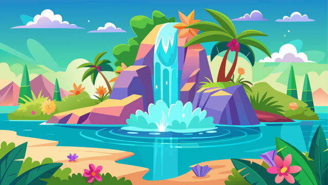 Tropical island, paradise landscape, cartoon waterfall, exotic getaway