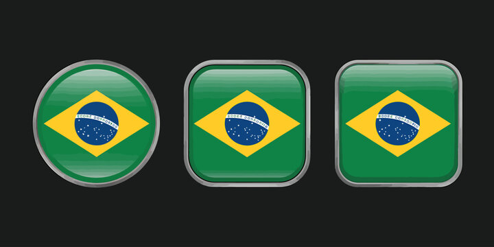 Brazil flag icons in different shapes and silver metallic borders