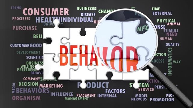 Behavior under magnifying glass, being researched, studied and examined. Most important subjects and ideas closely related to behavior presented as a word cloud. Complexity of behavior. Can be looped.