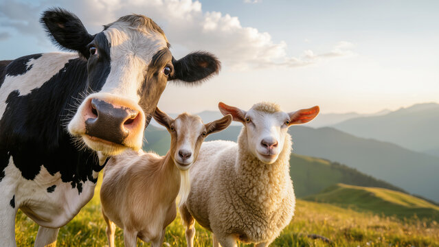 Cow goat and sheep together on mountain pasture at sunset, diverse farm animals and eco friendly agriculture concept