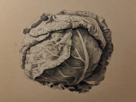 Detailed grayscale drawing of a cabbage head, focusing on textured leaves on a brown backdrop