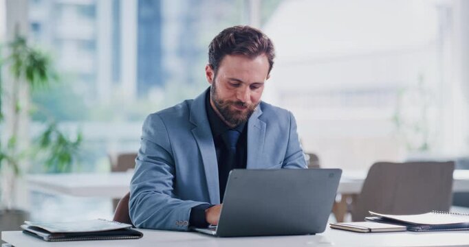 Review, typing or man in office with laptop, budget editing or insight for funding pitch. Reading, expense evaluation or finance consultant with tech, portfolio check or proposal ideas for investment