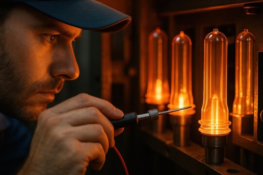 Technician testing heated plastic preforms using precision probe in industrial production environment