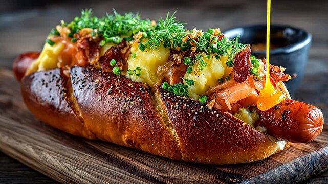 Hot dog with toppings on wooden board
