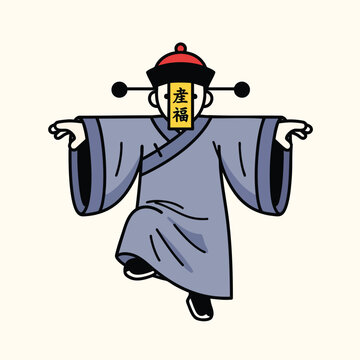 A cartoon figure, reminiscent of a Jiangshi, with arms outstretched, wearing a robe, hat, and a paper over the face with calligraphy