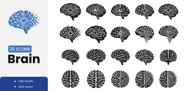 Collection of twenty brain icons in various circuit designs