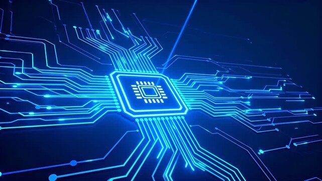 Blue glowing circuit board with central chip