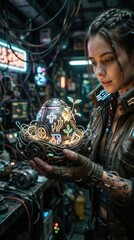 Fototapeta premium Woman holding glowing robotic easter egg with small sprout in workshop. Cyberpunk style technology concept for Easter holiday celebration. Innovative nature and machine fusion art.