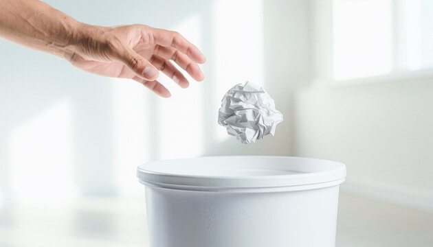 Hand throwing crumpled paper ball into a white trash can in bright room　明るい部屋で白いゴミ箱に丸めた紙屑を投げ入れる手　コピースペース付き
