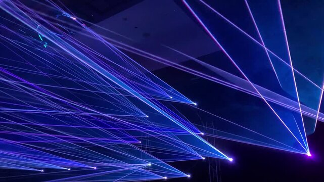 Panoramic Blue Laser Beam Fan Effect in Dark Concert Hall