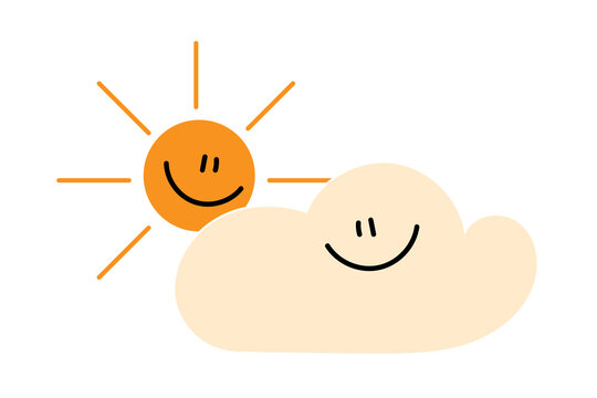 Happy sun and cloud icon character. Smiling sun with rays and cloud illustration. Cute weather, positive mood, optimism, happiness concept. High-res PNG transparent background for graphic design use