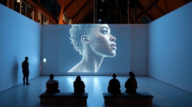 African woman with curly hair displayed on a large screen in an art gallery, viewers seated on benches, illuminated by soft ambient lighting in a modern exhibition space