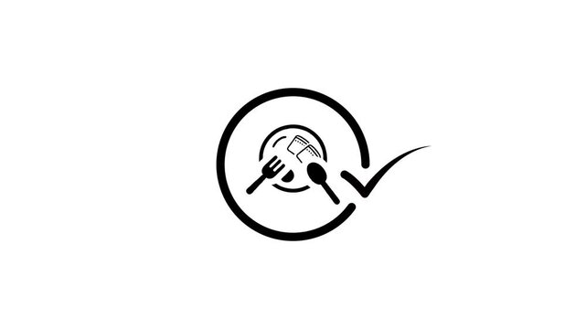 Plate with fork spoon and check mark icon animation representing food quality and healthy dining options in motion