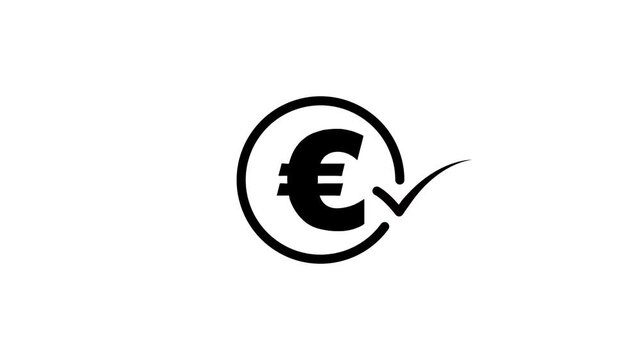Euro currency symbol rotating into a complete circle with a checkmark appearing, dynamic animation on a white background, financial transaction confirmed
