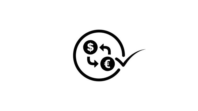 Currency exchange animation featuring dollar and euro symbols with rotating arrows and check mark for financial success