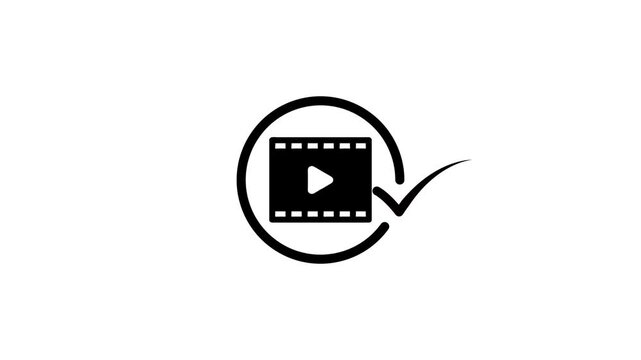 Minimalist black and white animation showing film strip icon with check mark symbol on white background