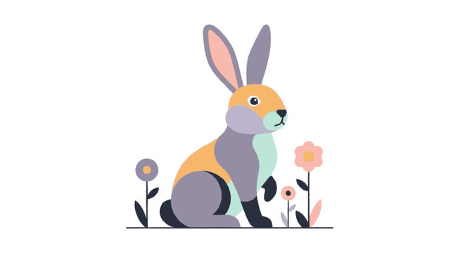 Cartoon Rabbit Sitting with Flowers Nearby.