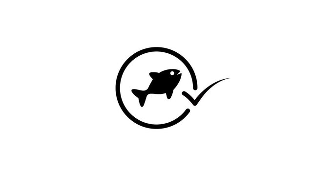 Animated fish icon with a checkmark signifying approval or quality, clean motion graphic footage on a white background
