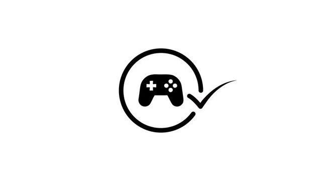 A motion graphic animation of a video game controller icon inside a loading circle, with a check mark appearing, on a white background