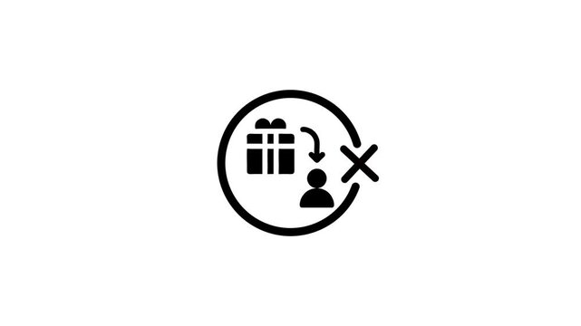 Minimalist black and white motion graphic animation showing gift delivery rejection icon with cross symbol on white background
