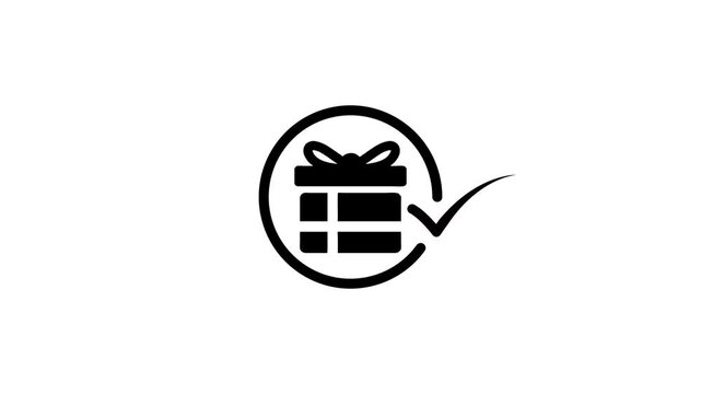 Minimalist gift box icon animation with checkmark symbol indicating successful delivery or completed purchase in black and white style