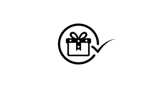 Gift delivery animation with a box and a checkmark, symbolizing successful order fulfillment or present receipt in motion