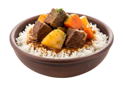 Hearty beef stew with carrots and potatoes on a bed of white rice in a brown ceramic bowl, served hot and garnished with herbs on a plain PNG format transparent background