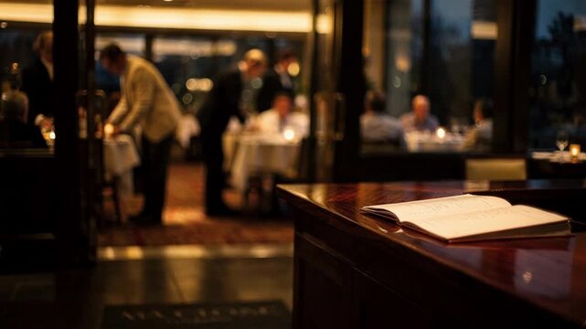 Dimly lit entryway in medium shot host stand foreground sharp seating chart vibrant background showing softly blurred patrons entering for dinner.