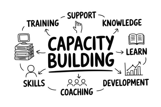 A conceptual illustration of capacity building showcasing support training knowledge skills and development high quality professional