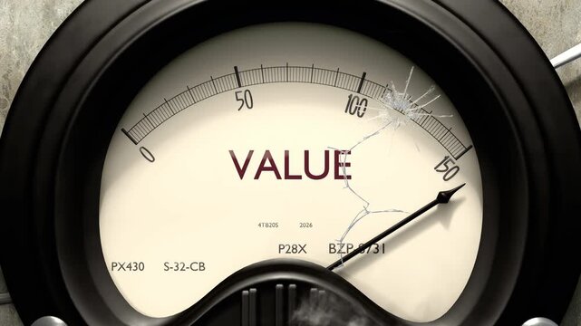 Value meter showing big levels of value. Dangerously increasing high values of value, critical overload. Too much, off the charts. Max value