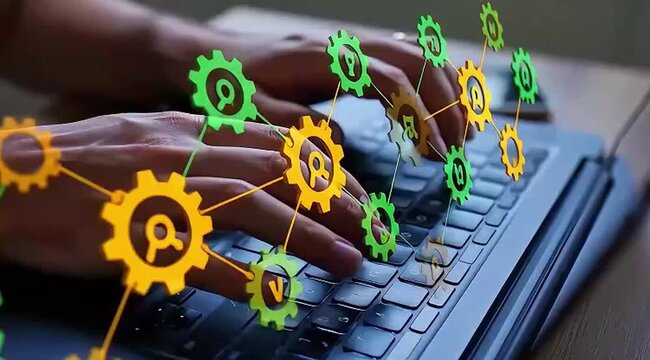 hands typing on keyboard with gear icons for business technology concept