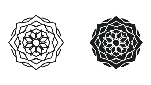 Intricate geometric mandala patterns in contrasting styles of line and filled designs