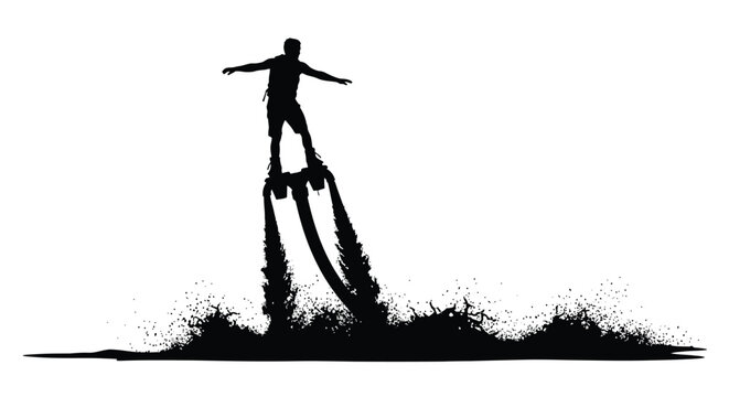Flyboarder performing tricks over water dramatic black and white silhouette