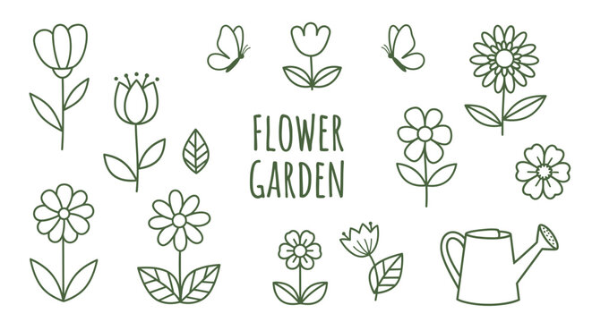 Vector Outline Collection of Blooming Flowers, Butterflies, and Garden Elements for Spring and Nature-Themed Designs and Decor