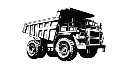 Large mining dump truck illustration in a stark black and white silhouette © Rita