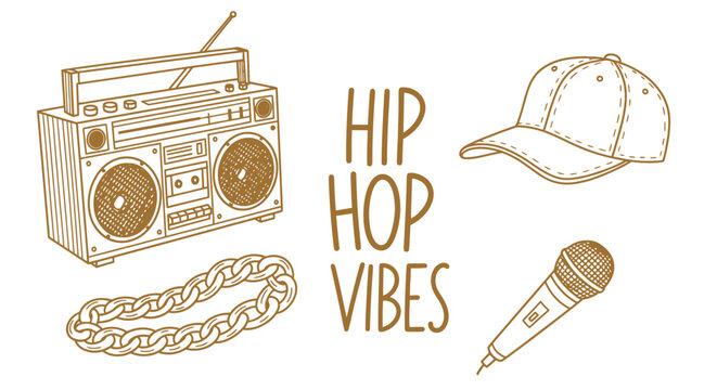 Hip Hop Culture Elements Boombox, Microphone, and Chain Illustration