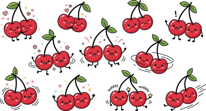 Cute Kawaii Cherry Characters Collection with Funny Poses, Dancing, Jumping and Happy Expressions for Kids Food Illustration and Playful Cartoon Design Set