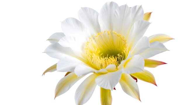 Close-up of a night-blooming cereus flower with layered white petals surrounding a bright yellow center. The background is white