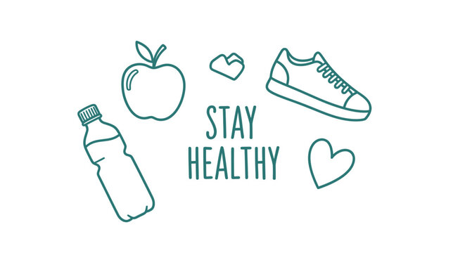Outline vector illustration promoting a healthy lifestyle with essential wellness elements apple, water bottle, sneaker, and heart symbols for an active life