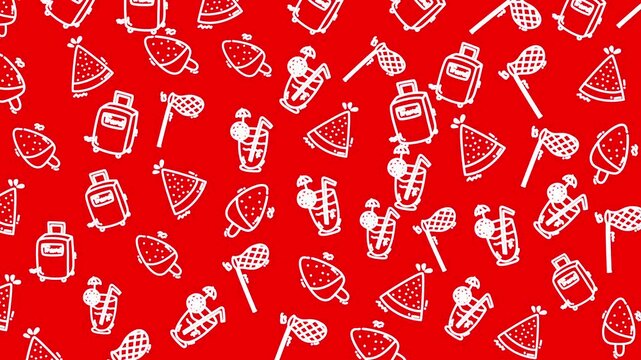 Seamless red pattern with white doodle icons including bottles and fruit slices video loop