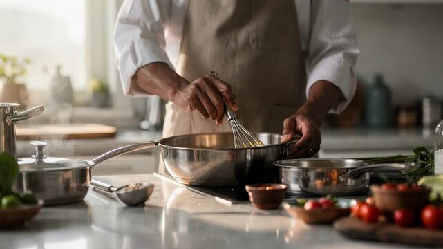 Personal chef in focus whisking a delicate sauce for a curated multicourse meal kitchen tools and background subtly blurred to emphasize the technique.