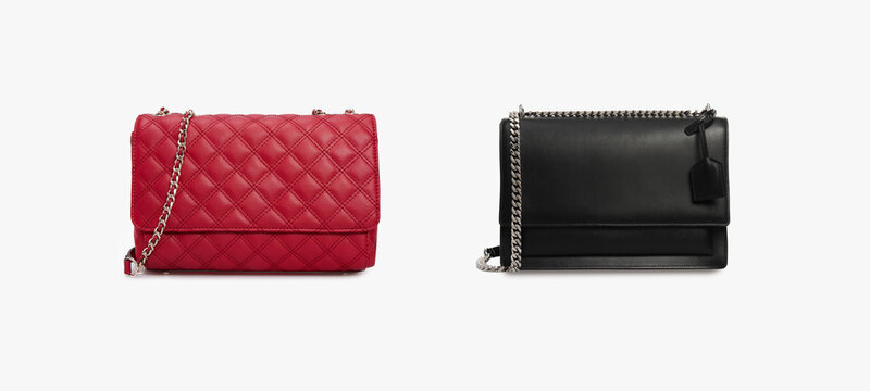 Set of women's red black Leather Shoulder bag, Handbag, luxury Crossbody bag with metal chain strap Isolated on White Background. Front view, mock up, object