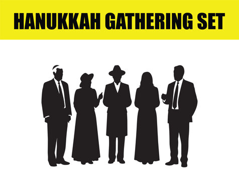 Hanukkah Gathering Set with Jewish People Silhouettes, Traditional Jewish Family and Community Celebration, Black Vector Figures for Religious Holiday Events