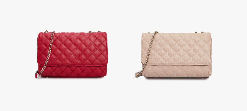 Set of women's beige red Leather Shoulder bag, Handbag, luxury Crossbody bag with metal chain strap Isolated on White Background. Front view, mock up, object