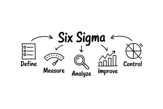 A visual representation of the six sigma methodology process with defining measuring analyzing improving and controlling elements