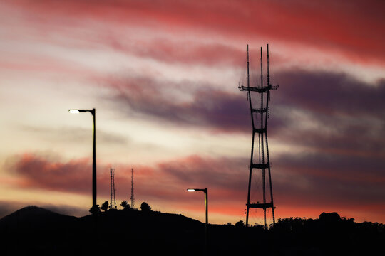 Sutro tower in San Francisco at sunset.