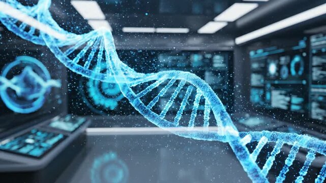 A glowing blue 3d rendered dna double helix floats in a futuristic high-tech lab, surrounded by digital data screens.