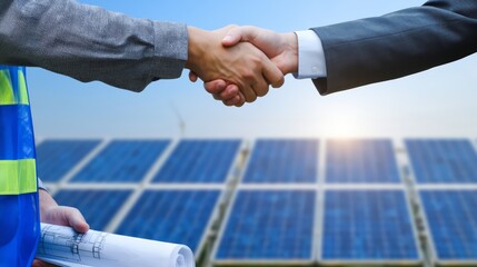 Handshake between a solar farm engineer and a businessman. Concept of solar panel installation deal.