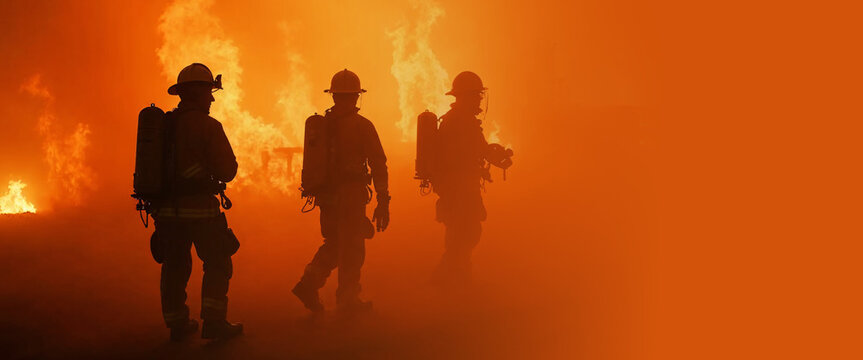 Firefighters walking through smoke and flames at emergency scene. Silhouette of men in protective gear during wildfire rescue. Real disaster situation and courageous job team concept. Banner with