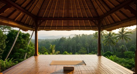 Obraz premium Tropical wooden gazebo with yoga mat overlooking lush green forest landscape